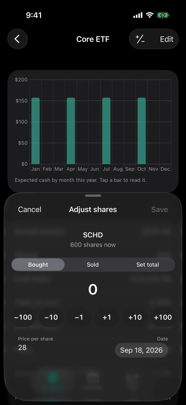 Adjust shares sheet for SCHD with Bought, Sold and Set total options, step buttons and fields for price per share and date.